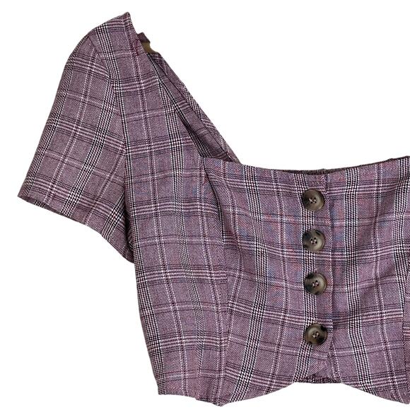 Cotton Candy LA Crop Top Womens M Pink Plaid Button Down Cottagecore Coquette - Picture 2 of 6